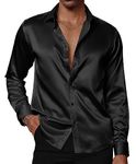 PJ PAUL JONES Mens Black Dress Shirt Shiny Satin Silk Long Sleeve Button Up Shirts with Bow Tie for Party Wedding M