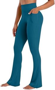 Sunzel No Front Seam Flare Leggings for Women with Pockets Hidden Butt Lifting Scrunch Tummy Control Mini Flared Yoga Pants 32" Inseam Deep Lagoon Medium