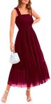 BTFBM Women's 2025 Summer Midi Dress Casual Sleeveless Square Neck Smocked Ruffle Tulle Party Wedding Guest Dresses(Wine Red, X-Large)