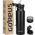 GOPPUS 24 oz Insulated Water Bottle with Straw Stainless Steel Sports Water Cup Flask with 3 Lids (Straw, Spout and Handle Lid) Wide Mouth Metal Water Bottles for Men Women (Black)