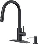 FORIOUS Kitchen Faucet with Soap Dispenser, Kitchen Faucet with Sprayer, Stainless Steel Single Handle Black Faucet Kitchen for RV, Laundry, Single Hole and 3 Hole Deck Mount, Matte Black