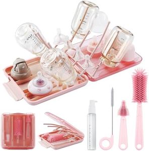 ArcMega Travel Baby Bottle Cleaner Kit with Baby Bottle Drying Rack,Snap-on Extendable Silicone Baby Bottle Brush,Nipple-Shaped Brush,Straw Cleaner Brush,Baby Bottle Soap Dispenser.Pink.