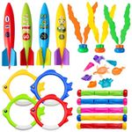 24Pcs Diving Pool Toys,Swimming Pool Toys with Dive Sticks Torpedoes Bandits Diving Rings Diving Seagrass Marine Gem Diving Games Bath Water Toy Underwater Pool Training Toy Swim Toy for Kids Age 4-12