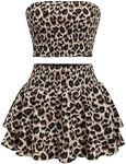 GORGLITTER Women's 2 Piece Cheetah Skirt Leopard Print Skirt Set Shirred Bandeau Ruffle Hem Layered Skirt Outfits Black and Brown X-Small