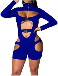 Yeshire Women's Bodycon Bag Buckle High Neck Long Sleeves Sexy Hollow Out Rompers Jumpsuit Clubwear X-Small Blue