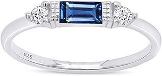 AFFY Baguette Simulated Sapphire Blue & White Cubic Zirconia 14K White Gold Over Sterling Silver Three Stone Design Bridal Engagement Wedding Ring Jewelry for Women Size -8