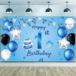 Happy 1st Birthday Backdrop Banner Blue Newborn Boys First Birthday Backdrop Photography Background for 1st Birthday Baby Shower Party Decorations Supplies 72.8 x 43.3 Inch