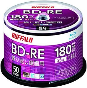 Buffalo RO-BE25V-050PW/N Blu-ray Disc, BD-RE for Repeated Recording, 25 GB, 50 Discs, Spindle, Single Sided, 1-Layer, 1-2x Speed, Diga Operation Confirmed, White Label