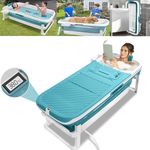 LARS360 Adult Foldable Bathtub, 149 x 64 x 54 cm, Foldable Mobile Bathtub with Removable Cover, Thermometer, Massage Rollers, Storage Shelf, Cushion, Blue