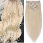 14 inch SEGO Real Hair Extensions Clip in Human Hair DOUBLE WEFT [#60 Platinum Blonde] 100% Remy Hair Full Head Thick 8 Pieces Straight (120g)