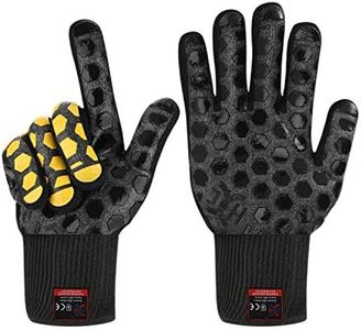 JH Heat Resistant BBQ Glove:EN407 Certified 932 °F, 2 Layers Silicone Coating, Black Shell with Black/Yellow Coating, BBQ & Oven Mitts For Cooking, Kitchen, Fireplace, Grilling, 1 Pair, Regular Cuff