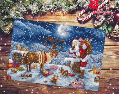 Wizardi Counted Cross Stitch Kit "Silent Night Gift" L9958 – Christmas Eve Santa & Reindeer, 16ct Zweigart Aida Luca-S 60 Colors Floss, Needle, Chart, 16.93x11.42" Kit for Adult Letistitch