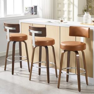 Bekrvio Swivel Counter Height Bar Stools Set of 3, Faux Leather Kitchen Stools Upholstered Barstools with Back, Walnut Wood Legs, Mid Century Island Chairs Counter Stools, 26" Seat Height, Brown