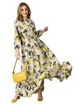 KZULLY Women's Crepe A-Line Maxi Dress (8001-White-Yellow-Flower-XL_White