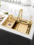 B Backline Kitchen Sink SS 304 Grade Modular Sink With Pull-Down Faucet and Rainfall Mode,RO Mineral Water Tap, Glass Washer, Fruit Basket, Chopping Board, Kitchen Sink 30" X 18'" X 9" Inches (Gold)