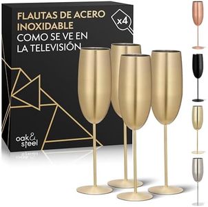 Oak & Steel – 4 flautas de champán de acero inoxidable con caja de regalo, oro mate – 284 ml