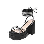 DREAM PAIRS Women's Lace Up Platform Heels Rhinestone High Strappy Chunky Sandal Y2K Shoe for Club Party Date Prom, Black, 8