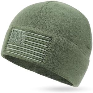 American Flag Fleece Watch Cap, USA Multi-Season Army Military Tactical Beanie, Winter Warm Beanie, Forest Green, L