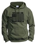 Made in America US Flag Long Sleeve Front Pocket Hoodie Sweatshirt, Military Green, Large