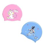 El Regalo 2 PCs Kids Swimming Caps Set- Silicone Swimming Hat for Girls Boys Waterproof Bathing Caps for Long & Short Hair with Unicorn, Astronaut, Heart, Fairy Mermaid (Unicorn & Astronaut)