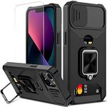 Nvollnoe for iPhone 13 Case with Sliding Camera Cover and Card Holder Heavy Duty Protective for iPhone 13 Case with Screen Protector Magnetic Kickstand Phone Case for iPhone 13(Black)
