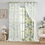 Leeva Black Out Curtains 63 Inch Long for Bedroom, Double Layers Green Bird Window Treatments Panels Set with Airy Sheer Overlay for Nursery Living Room, 2 Pieces, 52 x 63