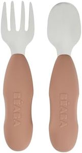 Béaba Toddler Stainless Steel Fork & Spoon Cutlery Set (10+ Months) - Self-Feeding Pre-Cutlery for Kids, Ergonomic Short Handle, Lunchbox-Friendly, Dishwasher Safe, Pralin