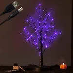 Fudios Lighted Halloween Tree with Timer 80 LED Purple Lights USB Plug or Battery Operated,18in Pre-lit Spooky Black Trees Table Indoor Home Decor