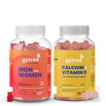 Gytree Iron & Calcium Gummies for Women SunActive Fe & Vitamin D for Stronger Bones, Haemoglobin & Immunity | Pregnancy Safe, Clinically Proven | 100% Vegan | Strawberry Flavour (Pack of 30 + 30)