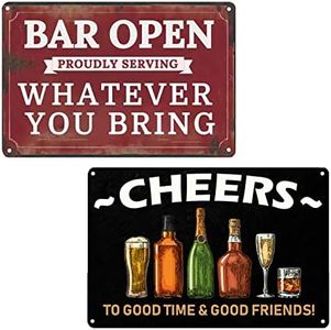 VSIIKO Bar Open and Cheers Funny Metal Tin Sign Home Bar Signs for Man Cave Coffee Small Vintage Wall Decor for Men 8x12 Inch（2pcs）