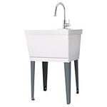 JS Jackson Supplies White Utility Sink Laundry Tub with High Arc Chrome Kitchen Faucet, Pull Down Sprayer Spout, Heavy Duty Slop Sinks for Basement, Garage, or Shop, Free Standing Wash Station