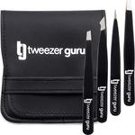 Tweezer Guru Eyebrow Tweezers – Professional, Stainless Steel, Slanted Ingrown Hair Tweezers - Precision Splinter, Blackhead, Tick and Facial Hair Remover for Women and Men (Black 4PCS)