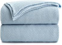 100% Cotton Light Blue Cable Knit Throw Blanket with Bonus Laundering Bag – Large 60 x 80 Inch Thick, Extra Cozy, Machine Washable, 3.2 Pounds Blue Color