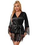 ohyeahlady Sexy Lingerie for Women Sets Plus Size Satin Robe Lace Trim Kimono Dressing Gown Bridesmaid Robe Sexy Babydoll Nightwear with G-String Belt Black Size UK 20 22