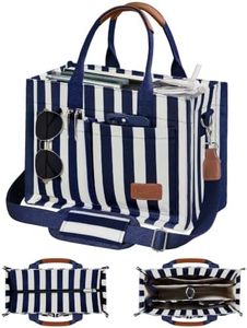 FIORETTO Canvas Tote Bag for Women with Zipper Closure & Individual Compartments for Work College for Teacher & Nurse Stripes Navy XL