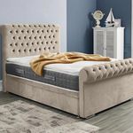 MOORCROFT BEDS 5FT King Size Bed Chesterfield Upholstered Sleigh Bed Frame With Storage-Soft Plush Velvet - Divan Ottoman Storage Gas Lift Bed (Cream, King Size Frame With Storage)