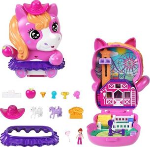 Polly Pocket Dolls and Playset, Pony Rodeo Compact, Travel Toy with 1 Micro Doll, Pet Horses, Food & Fashion Styling Accessories