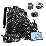 Roots 4 pcs School Combo Set with Deluxe Backpack, lunch bag, ice pack and FREE pencil case - Laptop Bag – Unisex School Bag Made of Rainproof and Recycled Fabrics - Black Polka pot - 34L