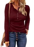 WNEEDU Women's Waffle Knit Tops Button Down V Neck Tunic Long Sleeve Henley Shirts 2024 New Casual Blouses Burgundy M