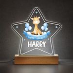 Blue Boys Nursery Night Light with Childs Name, Personalised Acrylic LED Night Light For Baby Boys Nursery, Giraffe Nursery Bedside Table Light, Baby Sleep Light