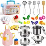 Sundaymot Kids Kitchen Pretend Play Toys, Wooden Cooking Toy Set with Stainless Steel Cookware Pots & Pans, Apron & Chef Hat, Chef Role Play for Boys, Girls, Toddlers 3+ Years (24 PCS)