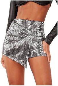 SHENHE Women's Glitter Shiny Shorts O Ring Wrap Skort Skirt Party Rave Sparkle Shorts Silver Medium