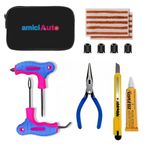 amiciAuto Tubeless Tyre Puncture Repair Kit – Heavy-Duty Reamer & Probe, Cutter & Valve Caps – Complete Motorcycle/Car Tyre Repair Set with Emergency Glass Breaker Function