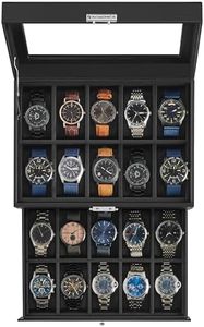 SONGMICS 20-Slot Watch Box, Watch Case with Glass Lid, 2 Layers, Lockable Watch Display Case, Christmas Gift,Black Synthetic Leather, Black Lining UJWB020B01