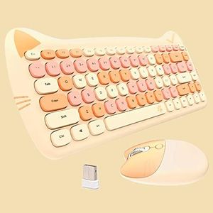 Cute Cat Keyboard and Mouse Combo Wireless, Kawaii Keyboard and Mouse for Girls and Kids, Soundless Colorful Keys, Compatible with Notebook, PC (MilkTea-84Keys)