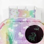 Kids Rule 7-Piece Unicorn and Stars Glow in The Dark Comforter Set, with a Comforter, Fitted Sheet, Flat Sheet, and 4 Pillowcases, Rainbow Colors, Pink, Multicolored, for Kids, Full