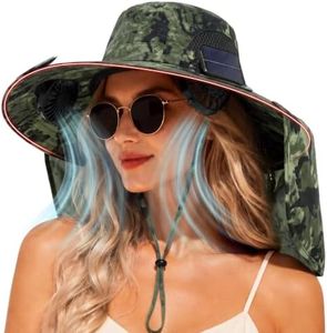 Solar Panel Powered Fan Built in Wide Brim Outdoor Fishing Hat USB Charging Men Ultralight Sun Bucket Mission Cool Cap for Garden Boonie Summer Beach Safari Hiking Camping Sunhat Mowing UV Protection