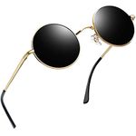 Joopin Lennon Round Sunglasses for Men - Polarised UV400 Protection Metal Frame Retro Vintage Circle Sunglasses for Women(Gold Frame Black Lens)