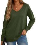 GRECERELLE Women's Casual Jumpers Sweatshirt Ladies Classic Plain Pullover Knit V Neck Long Sleeve Jumper Tops Blouse T-Shirt for Winter Fall Spring - Army Green