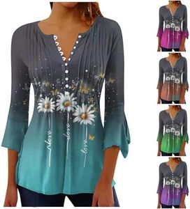 PBNBP Summer tops for women 2025 trendy Ladies Henley Floral Tops Ombre Bell Sleeve Beach Summer 3/4 Sleeve Shirts Pleated Loose Fit Casual Tunic Tops Tops for women trendy summer